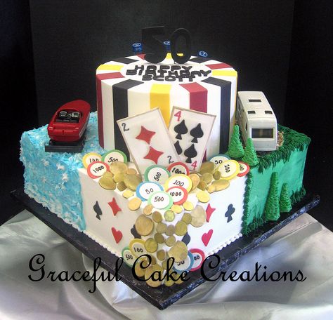 https://flic.kr/p/J388Bh | Multi Themed 50th Birthday Cake | This cake incorporated the birthday boy's love of Boating, Camping, Card Playing, Drinking and his favorite football team the Arizona Cardinals. Multi Theme Cake, Wedding Dress Cupcakes, Porch Party, Porch Parties, Card Playing, 50th Birthday Cake, Specialty Cakes, Grooms Cake, Arizona Cardinals