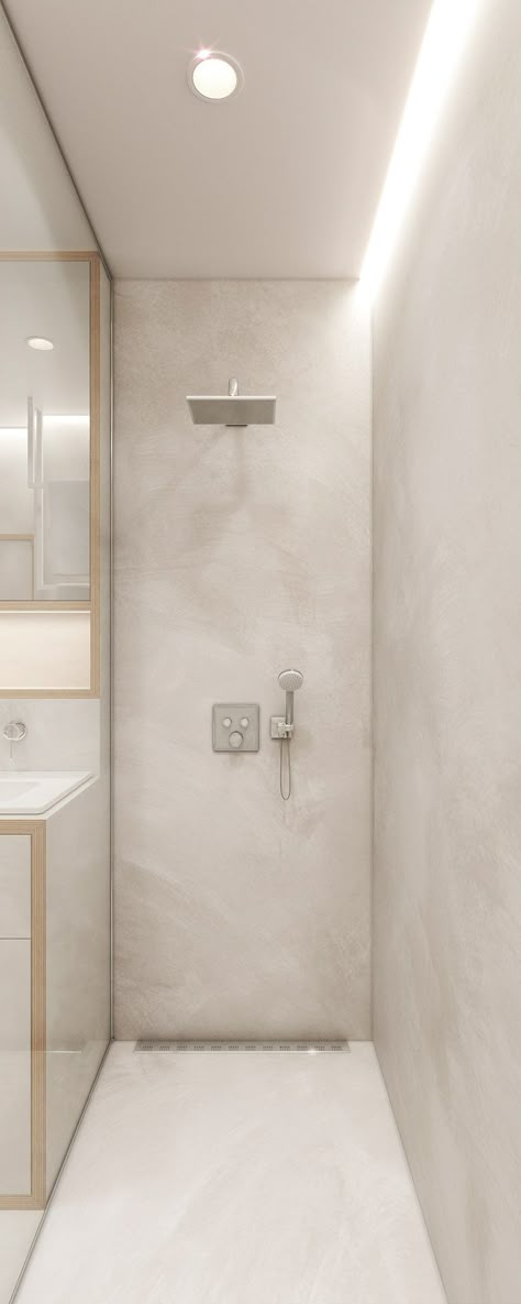 Small bathroom with plywood & microcement on Behance Micro Cement Small Bathroom, Microcement Small Toilet, Microcement Floor Bathroom, Microcement Bathroom Color, Cemcrete Bathroom Ideas, White Microcement Bathroom, Microcement Ensuite, Microcement Bathroom Design, White Cement Bathroom