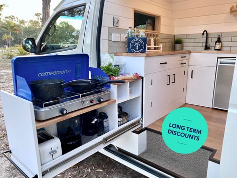 Campervan for Hire in Brisbane QLD from $149.00 "Como - One way possible!" :: Camplify Toyota Hiace Campervan, Hiace Campervan, Hiace Camper, Camper Van Kitchen, Hiace Van, Minivan Camper Conversion, Camper Interior Design, Camper Kitchen, Campervan Ideas