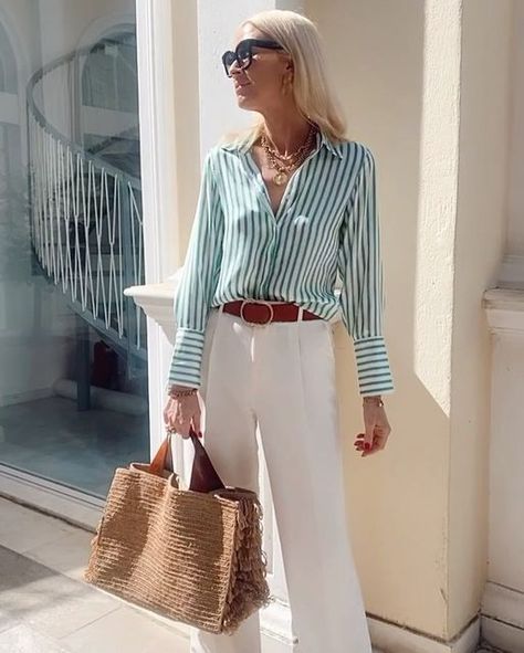 Anna Skoog on Instagram: "Green stripes 🌿 @karmamiacph shirt /Ad #lookoftheday #springstyle #ootd #stripes #styleinspo #streetstyle #athens" Green Striped Shirt, Green Striped Shirt Outfit, Striped Blouse Outfit, White Striped Shirt Outfit, Dubai Outfit, White Stripes Shirt, Fall Transition Outfits, White Trousers, Fashion 101