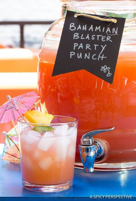 Fabulous Bahamian Blaster Party Punch - Large Batch Summer Cocktail Recipe! | ASpicyPerspective.com Party Cocktails Big Batch, Caribbean Cocktails, Party Punch Alcohol, Cocktail Recipes For A Crowd, Batch Cocktail Recipe, Alcoholic Punch Recipes, Rum Punch Recipes, Party Punch Recipes, Mezcal Cocktails