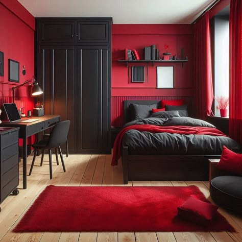 Red Bedroom Black And Red Boys Bedroom, Red Wall Bedroom, Red Room Decor Ideas, Boys Red Bedroom, Cherry Red Bedroom Aesthetic, Red Bedroom Decor Ideas, Red And Black Bedroom, Black And Red Room, Red And Black Bedroom Ideas