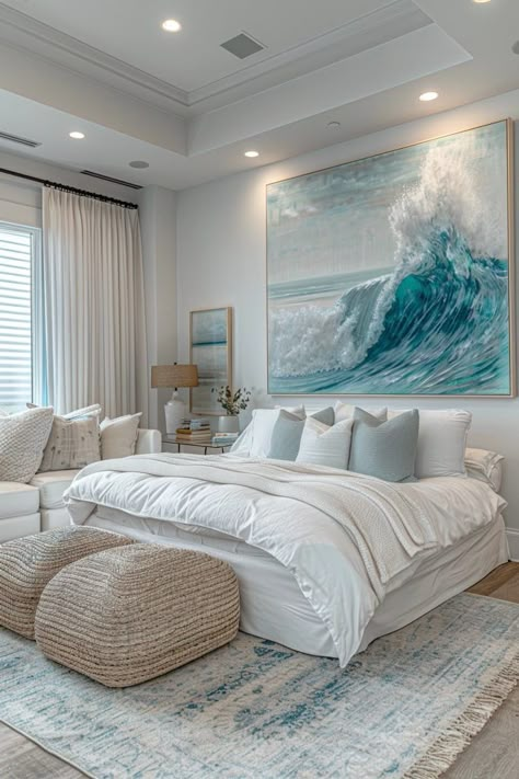 29 Coastal Bedroom Decorating Ideas for a Relaxing Vibe 29 Bedroom Decor Items, Modern Coastal Bedroom, Coastal Bedroom Ideas, Cozy Bedroom Design, Contemporary Studio, Fall Bedroom Ideas, Layered Bedding, Coastal Bedroom Decorating, Beach House Bedroom