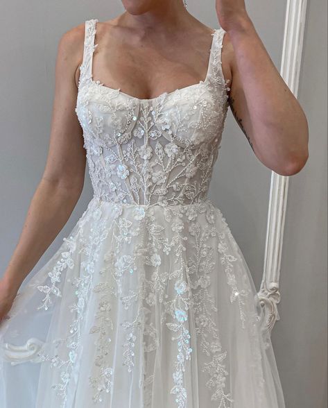 Sequin A Line Wedding Dress, Floral Sparkle Wedding Dress, Lace And Glitter Wedding Dress, Sparkly A Line Wedding Dress, Wedding Dress Beading, Wedding Gown Styles, Tulle Neckline, Boda Mexicana, Pretty Wedding Dresses