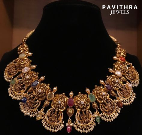 Pure Gold Antique Navarathna Necklace Collection from PAVITHRA JEWELS (House of Exquisite Premium Jewellery) 916 Hallmark Jewellery. For… | Instagram Navarathna Necklace Gold, Nakshi Jewellery Antiques, Navarathan Necklace, Pure Gold Necklace Indian, Navarathna Necklace, Necklace Designs Gold Indian, Hallmark Jewellery, Hsr Layout, Royal Necklace