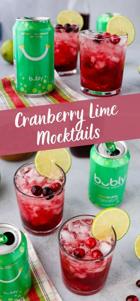 #ad These cranberry lime mocktails are the perfect, festive drink to enjoy over the holidays! Lime @bublywater sparkling water, cranberry juice, and simple syrup come together for a refreshing drink, perfect for any occasion! #bublypartner Lime Mocktails, Sparkling Water Mocktail, Summer Mocktail Recipes, Cranberry Mocktail, Drinks With Cranberry Juice, Cranberry Drinks, Easy Mocktail Recipes, Mocktail Drinks, White Cranberry Juice