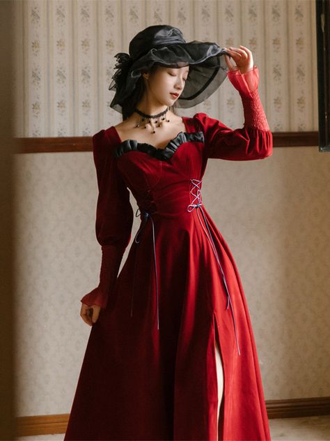 The Slient Lady Vintage Classic Lolita OP Dress Red Velvet Prom Dress, Sunday Top, Red Dress Casual, Spanish Dress, Velvet Prom Dress, Op Dress, Classic Lolita, Red Velvet Dress, Vintage Prom