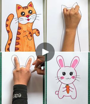 Hand Animals Drawing, Bunny And Cat Drawing, Draw A Carrot, Rabbit Drawing Easy, Bunny And Cat, Step By Step Sketches, Draw A Cat, Cat Drawing Tutorial, Rabbit Drawing