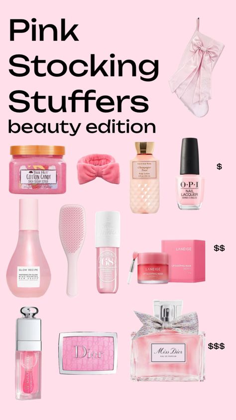 Pink stocking stuffers #makeup #beauty #pink #stockingstuffers #christmas #girlfriend #aesthetic Pink Stocking Stuffers, Christmas Stockings Aesthetic, Pink Stocking, Stockings Aesthetic, Girlfriend Aesthetic, Aesthetic Shuffles, Pink Christmas, Your Aesthetic, Stocking Stuffers