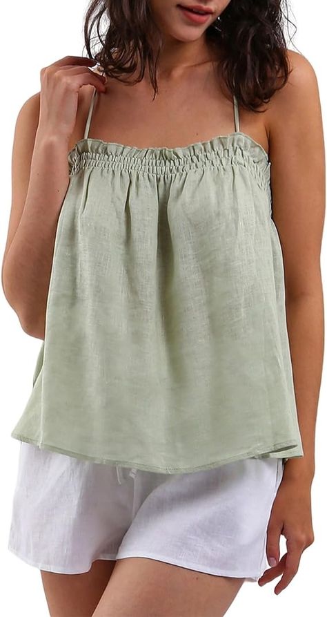 Amazhiyu Women's 100% Linen Summer Self-tie Halter Cami Tops Casual Beach Blouse Green, Small at Amazon Women’s Clothing store Halter Cami Top, Beach Blouse, Linen Summer, Tops Casual, Green Blouse, Luxury Store, Cami Tanks, Cami Tops, Summer Women