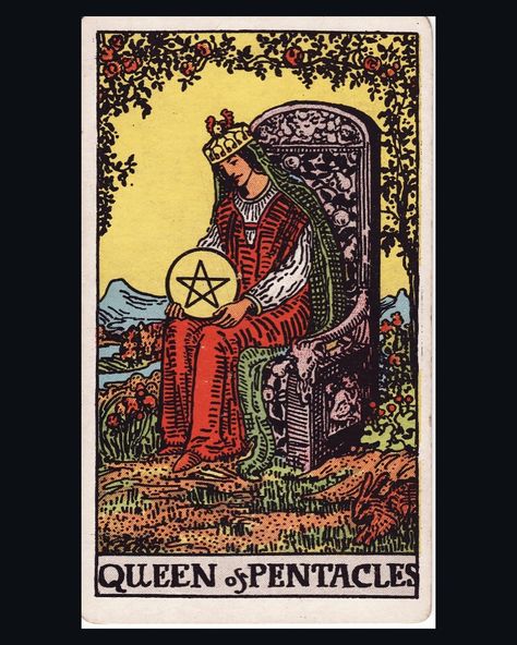 The Queen of Pentacles card depicts a beautiful woman sitting on a decorated throne holding a golden coin. Surrounding her are beautiful blossoming trees and green floral gardens. Her throne is decorated with various beasts of the earth, tying her closely with nature and abundance. At the bottom of the card, on the right-hand side, a rabbit is pouncing into the frame, which symbolizes her high energy and fertility. The Queen of Pentacles, therefore, depicts a certain level of success and pros... The Queen Of Pentacles, Queen Of Pentacles, Golden Coin, Tarot Astrology, Pentacles, Woman Sitting, Floral Garden, Of The Earth, High Energy