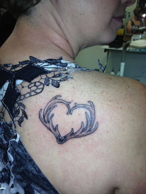 Deer Antlers (Amy's 1st tat) Deer Antler Heart Tattoo, Antler Heart Tattoo, Antler Tattoos, Elk Tattoo, Antler Tattoo, Fishing Hook Tattoo, Heart With Wings Tattoo, Hook Tattoos, Deer Horns