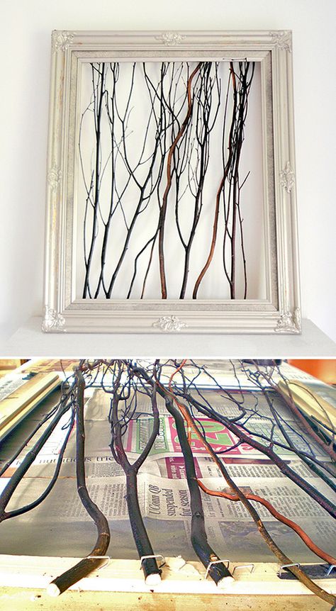 Tracie at ‘Cleverly Inspired‘ used a garage sale frame and some branches to create one of a kind wall art! Easy tutorial… Lighted Branches Decor, Breakfast Nooks, Lighted Branches, Branch Art, Diy Wand, Branch Decor, Storage Area, Deco Floral, Decor Guide