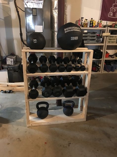 Dumbbell Storage Ideas, Dumbell Rack Diy, Weight Storage Ideas, Diy Dumbbell Rack, Diy Dumbbell, Workout Wall, Gym Rack, Gym Storage, Dumbbell Storage