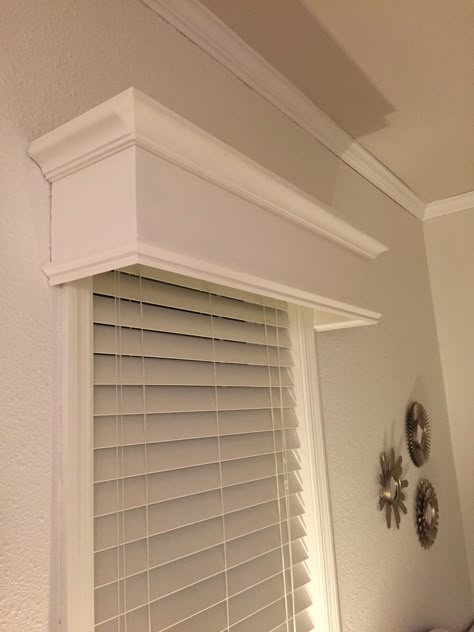 ... Window Pediments Interior, Window Valance Ideas Living Room, Stairs Landing Decor, Sliding Glass Door Treatments, Crown Moulding Ideas, Easy Window Treatments, Cornice Boards Diy, Landing Decor Ideas, Window Cornice Diy