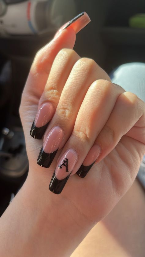 #nailsidea #couplegoal #frenchnails Acrylic Nails With Bf Initials Black, French Black Nails, Black French Tips, Lilac Nails, Girly Acrylic Nails, Simple Acrylic Nails, Prom Nails, French Tip Nails, Dope Nails