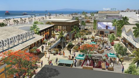 The oceanfront lifestyle center is expected to open this fall. Pacific City Huntington Beach, Experiential Graphic Design, Storefront Signs, Wayfinding Design, Pacific City, California Modern, Huntington Beach Ca, Outdoor Signage, Environmental Graphic Design