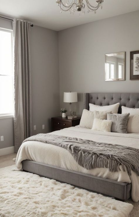 Grey Room Ideas Bedroom, Cream And Grey Bedroom, Cozy Grey Bedroom, Grey Headboard Bedroom, Grey Bedroom Ideas, Taupe Bedroom, Gray Bedroom Walls, Grey Bed Frame, Grey Bedroom Decor