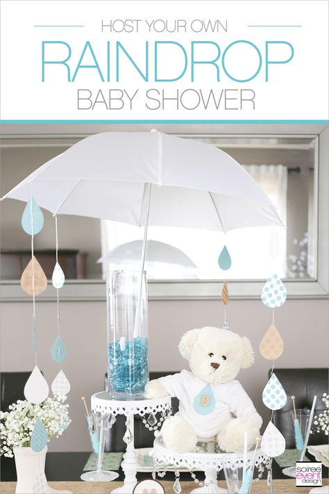 | “Let It Rain!” Raindrop Baby Shower Ideas | http://soiree-eventdesign.com Umbrella Centerpiece, Raindrop Baby Shower, Rain Baby Showers, Umbrella Baby Shower, April Baby Shower, Rain Baby, Umbrella Decorations, Sprinkle Shower, Sprinkle Baby Shower