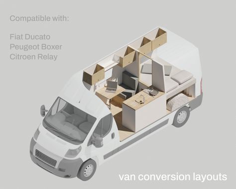 The design is based on the internal dimensions of the Fiat Ducato L3H2, but also Peugeot Boxer and Citroen Relay. Claude is a fixed bed design with fixed seating and table that can be converted to a single bed. The layout has single run of kitchen units with integrated hob and sink. WHAT DO YOU GET? - 5 scaled PDF drawings that will give you all the dimensions of this design. The drawings include: Floor plan, Long section A, Long section B, Short section C & D and an annotated 3D drawing. *Drawi Mercedes Vito Camper, Van Conversion Kits, Van Conversion Layout, Ducato Camper, Conversion Van, Kombi Home, Camper Van Conversion, Construction Drawings, Van Camping