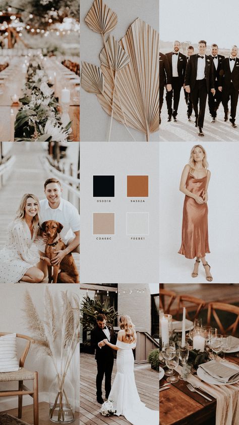 Wedding Attire Mood Board, Champagne Brown Wedding Theme, Wedding Ideas Rustic Elegant Bridesmaid Dresses, Wedding Color Palette 2023, Modern Rust Wedding, Wedding Decor Neutral Colors, Neutral Color Scheme Wedding, Tan Wedding Theme Color Schemes, Black And Beige Boho Wedding