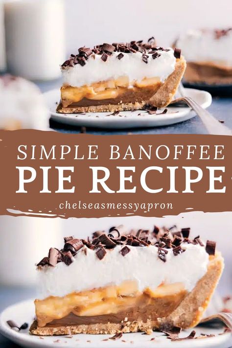 This Banoffee Pie Recipe is one of our favorite desserts! We top a buttery cookie crust  with a thick dulce de leche sauce, sweet bananas, fluffy whipped cream, and chocolate shavings. #dessert #best #quick #easy #simple #treat #banana #dulchedeleche #cookiecrust #grahamcracker #banoffee #pie #recipe Banoffee Pie Recipe, Yummy Pies, Buttery Cookie, Winning Recipes, Easy Pie Recipes, Banoffee Pie, Digestive Biscuits, Buttery Cookies, Cookie Crust