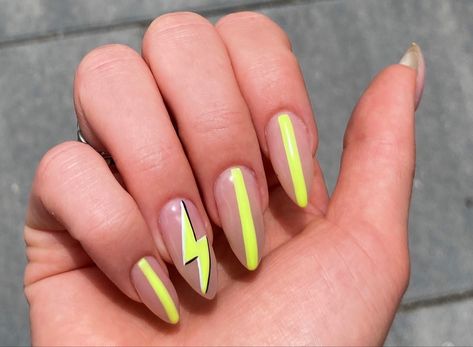 Lightning Bolt Manicure, Neon Yellow Flame Nails, Nail Designs Lighting Bolt, Nail Designs With Lightning Bolt, Teal And Neon Yellow Nails, Nails Lighting Bolt, Neon Lightning Bolt Nails, Nails With Lighting Bolt, Nail Art Lightning Bolt