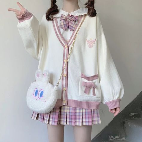 Pink/Blue Cute Bow Knit Long Sleeve Cardigan SS1947Color; pink, blue Material: knitted Size: S, MS width of the shoulders 55 bust 112 length of a kimono sleeve 46 length 58M width of the shoulders 57 bust 116 length of a kimono sleeve 47 length 60 Kawaii Sweater, Cardigan Y2k, Ulzzang Korea, Y2k Aesthetic Fashion, Outfit Cardigan, The Cardigans, Coats Women, Y2k Aesthetic Outfits, Cardigan Women