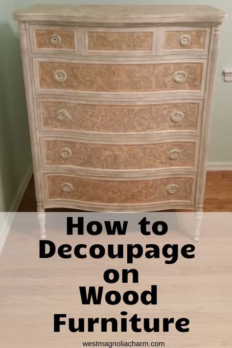 Decoupage is a great way to add charm to a piece of furniture. Find out how I used book pages to decoupage on a wood dresser. #decoupage #diyfurniture #chalkpaint #diy Dresser Decoupage, Decoupage Dresser, Decoupage On Wood, Hinges Diy, Decoupage On Canvas, Chalk Paint Recipe, Dresser Redo, Wood Transfer, Decoupage Wood