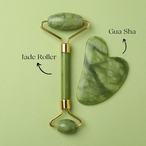 Jade face roller and gua sha Jade Facial Roller, Roller And Gua Sha, Jade Face Roller, Gua Sha Tools, Skincare Regimen, Skin Glowing, Face Roller, Jade Roller, Eco Living