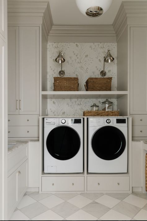 Laundry Room Transitional, Custom Cabinet Laundry Room, French Provincial Laundry, Off White Laundry Room, Designer Laundry Room Ideas, Main Floor Laundry Room Ideas, Classic Laundry Room Ideas, Small Laundry Room Built Ins, Luxury Laundry Room Design