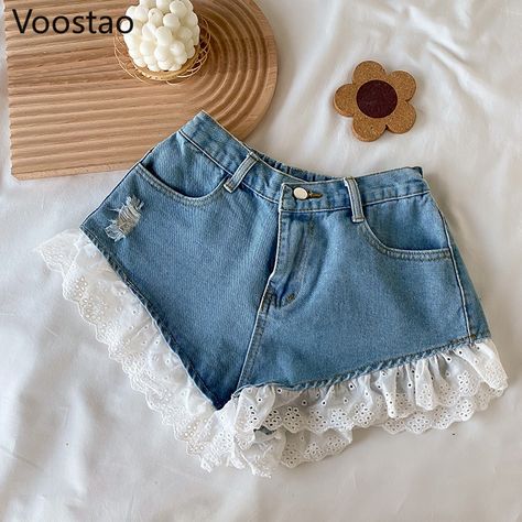 Lace Two Piece Set, High Waisted Shorts Outfit, Jean Purses, Dress Designing, Y2k Women, Shorts Sets, Denim And Lace, Cami Crop Top, Sweet Lolita