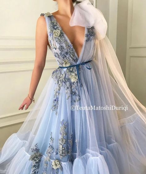 Gown With Flowers, Teuta Matoshi, Inspiration Photos, Flowers Blue, Tulle Gown, Gowns With Sleeves, Ball Gown Dresses, Dress Shapes, Lace Gown