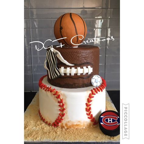 Sports theme cake in progress #soccer #football #basketball #baseball #hockey #soccercake #footballcake #basketballcake #baseballcake… Sports Cake Ideas, Football Wedding Cake, Sports Birthday Cakes, Baseball Birthday Cakes, Creative Birthday Party Ideas, Hockey Cakes, Football Birthday Cake, Hunting Cake, Football Wedding