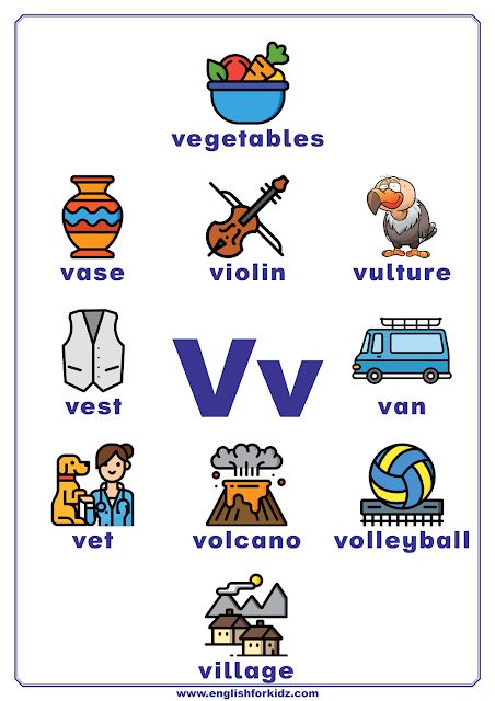 Printable English alphabet poster to learn letter V V Words Preschool, V Is For, Alphabet Preschool Printables, V Words For Kids, Letter U Activities For Preschool, V Worksheet, Letter L Words, Letter V Worksheets, Letter A Words