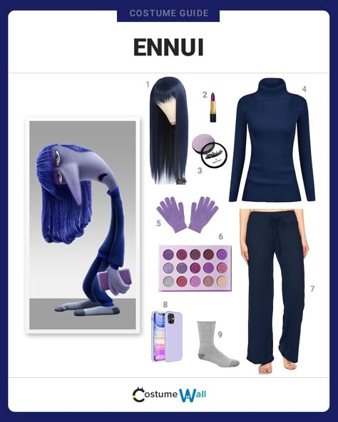 Dress Like Ennui Inside Out 2 Costume, Green Dress Halloween Costume, Blue Hair Wigs, Purple Eyeshadow Palette, Inside Out Costume, Got Costumes, Purple Phone Case, Costume Guide, Dark Blue Hair