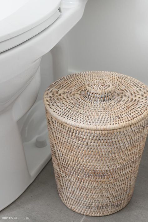 Trash Can In Bathroom, Trash Can Bathroom Ideas, Cute Bathroom Trash Can, Pretty Trash Can, Bathroom Trash Can Ideas, Cute Trash Can, Vanity Hardware, Trash Can Bathroom, Heated Toilet Seat