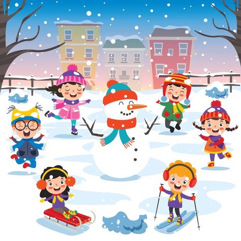 Winter Season Pictures For Kids, Winter Season Images, Seasons Kindergarten, Kids Having Fun, Snow Illustration, Snow Activities, Merry Christmas Background, Puzzle Games For Kids, Holiday Templates