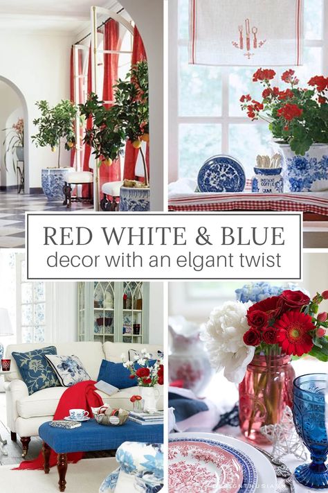 Red White And Blue Living Room, Patriotic Living Room, Modern French Farmhouse Decor, Red White And Blue Decor, White And Blue Decor, Red White Blue Decorations, French Country Interior, Patriotic Home Decor, Lounging Area