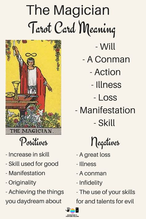 The Magician Tarot card meaning. An illustration from the Major Arcana with the Rider Waite Tarot deck. Post by divination and fortune-telling with Tarot for love, romance and relationships. Ideal for readers who are just learning the interpretations. The Magician Tarot Card, Magician Tarot Card, Magician Tarot, Tarot Interpretation, The Magician Tarot, Rider Waite Tarot Decks, Tarot Cards For Beginners, The Major Arcana, Learning Tarot Cards