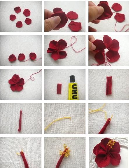 Tutorial courtesy of Evangelione. What you need: Felt, thread, needle, glue. Felt Craft Projects, Felt Flowers Diy, Diy Flores, Thread Needle, Felt Crafts Christmas, Felt Jewelry, Felt Flower, Hibiscus Flower, Felt Diy