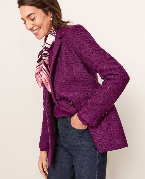 The Petite Tailored Double Breasted Long Blazer in Tweed Plum Blazer Outfit, Dark Purple Blazer Outfit, Purple Blazer Outfit, Wool Jackets Women, Hot Pink Blazers, Purple Blazer, Knitted Suit, Hip Style, Blazer Outfit