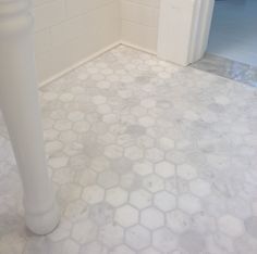 Marble hexagon tile, grey grout, subway tile, porcelain console sink. Grey carrara marble Marble Hexagon Tile Bathroom Floor, Marble Hexagon Tile Bathroom, Hex Tiles Bathroom, Hexagon Tile Bathroom Floor, Hexagon Bathroom, Hexagon Tile Bathroom, Floor Tile Grout, Octagon Tile, Gray Grout