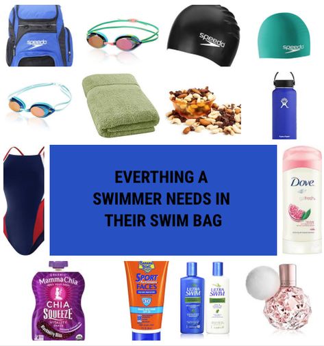 What To Pack In Your Swim Bag, Swim Essentials Bag, What To Put In Your Swim Bag, Swim Bag Aesthetic, Swim Class Essentials, Swim Team Essentials, Swim Bag Essentials Competitive, Swimmer Essentials, Swimming Bag Essentials