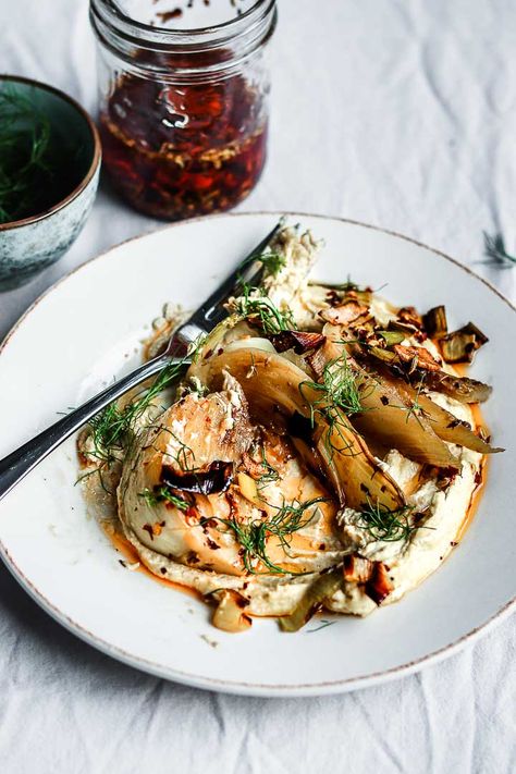 Charred Leeks, Braised Fennel, Roasted Leeks, Fennel Oil, Creamy Hummus, Fennel Recipes, Veggie Dishes, The Maker, Vegetable Dishes