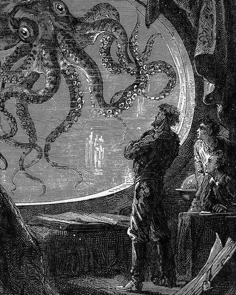 Artwork by Alphonse de Neuville (1835-1885), from Jules Vernes’ classic science fiction novel, “20,000 Leagues Under The Sea” (1870). Captain Nemo, Sea Captain, Leagues Under The Sea, Antique Images, Jules Verne, White Illustration, Nautical Art, Black And White Illustration, Arte Fantasy