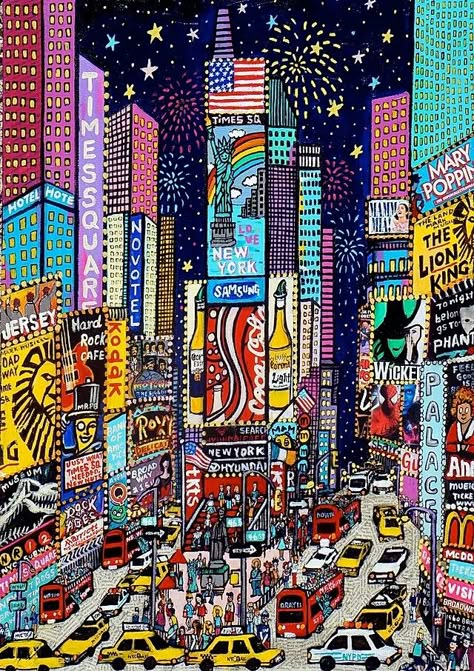 Brilliant Times square ~ Megu Fukudu (2013) New York Aesthetic Drawing, New York Art Drawing, New York Art Painting, New York Prints, New York Images, New York Drawing, Images Pop Art, New York Painting, New York Canvas