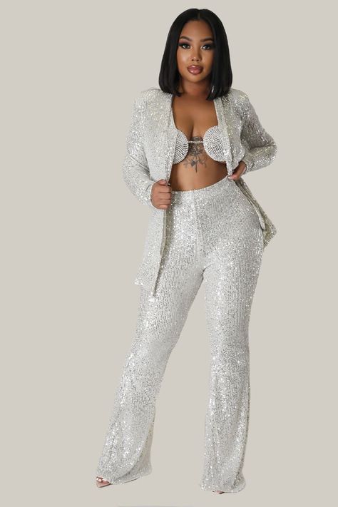 Sequins Blazer, Flare Bottoms, Sequin Pants, Sequin Blazer, Long Sleeve Sequin, High Waist Pants, Prom Outfits, Stretch Top, Hidden Storage