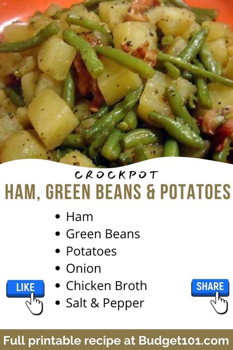 The tastiest, easiest leftover ham crockpot recipe ever! #Budget101 Ham Green Beans Potatoes, Ham Green Beans And Potatoes, Ham And Green Beans, Crockpot Green Beans, Beans And Potatoes, Crockpot Ham, Green Beans And Potatoes, Crockpot Dishes, Crock Pot Slow Cooker