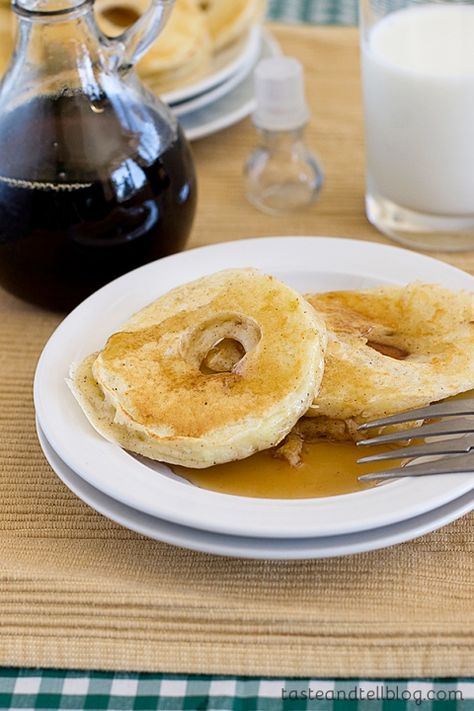 Apple Pancake Rings | www.tasteandtellblog.com Pancake Mix Uses, Berry Pancakes, Taste And Tell, Pancakes Muffins, Apple Slice, Pancake Mix Recipes, French Toast Muffins, Cooking For Kids, Yum Breakfast